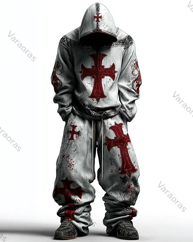 Men's Gradient Viking Cross Hoodie and Pants Two-Piece Set 7329