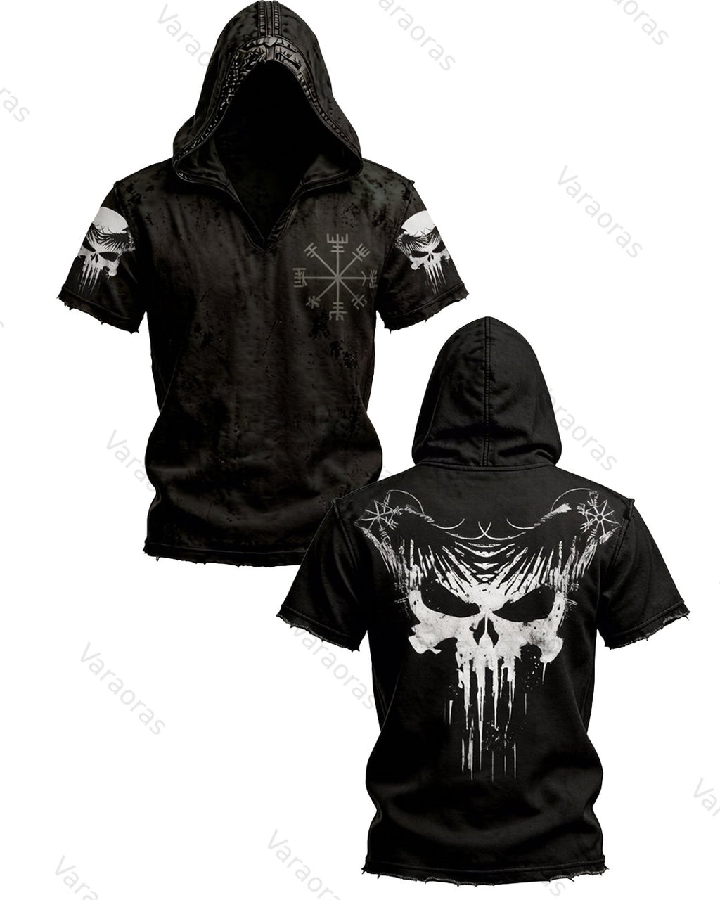 Men's Summer Viking Print Fashion Cotton Linen Hooded Short-Sleeve Sweatshirt  9280