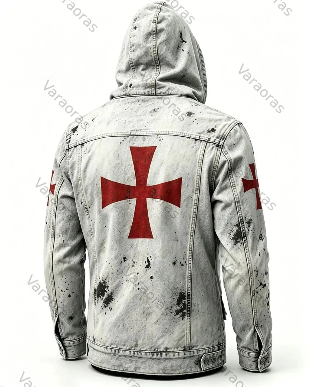 Men's Retro Fashion Red Cross Print Cotton Linen Hooded Zipper Jacket 9630