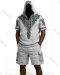 Men's Summer Outdoor Fashion: Viking-Themed Embroidered Short-Sleeve Hoodie & Shorts Two-Piece Set 5430