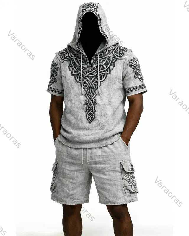 Men's Summer Outdoor Fashion: Viking-Themed Embroidered Short-Sleeve Hoodie & Shorts Two-Piece Set 5430