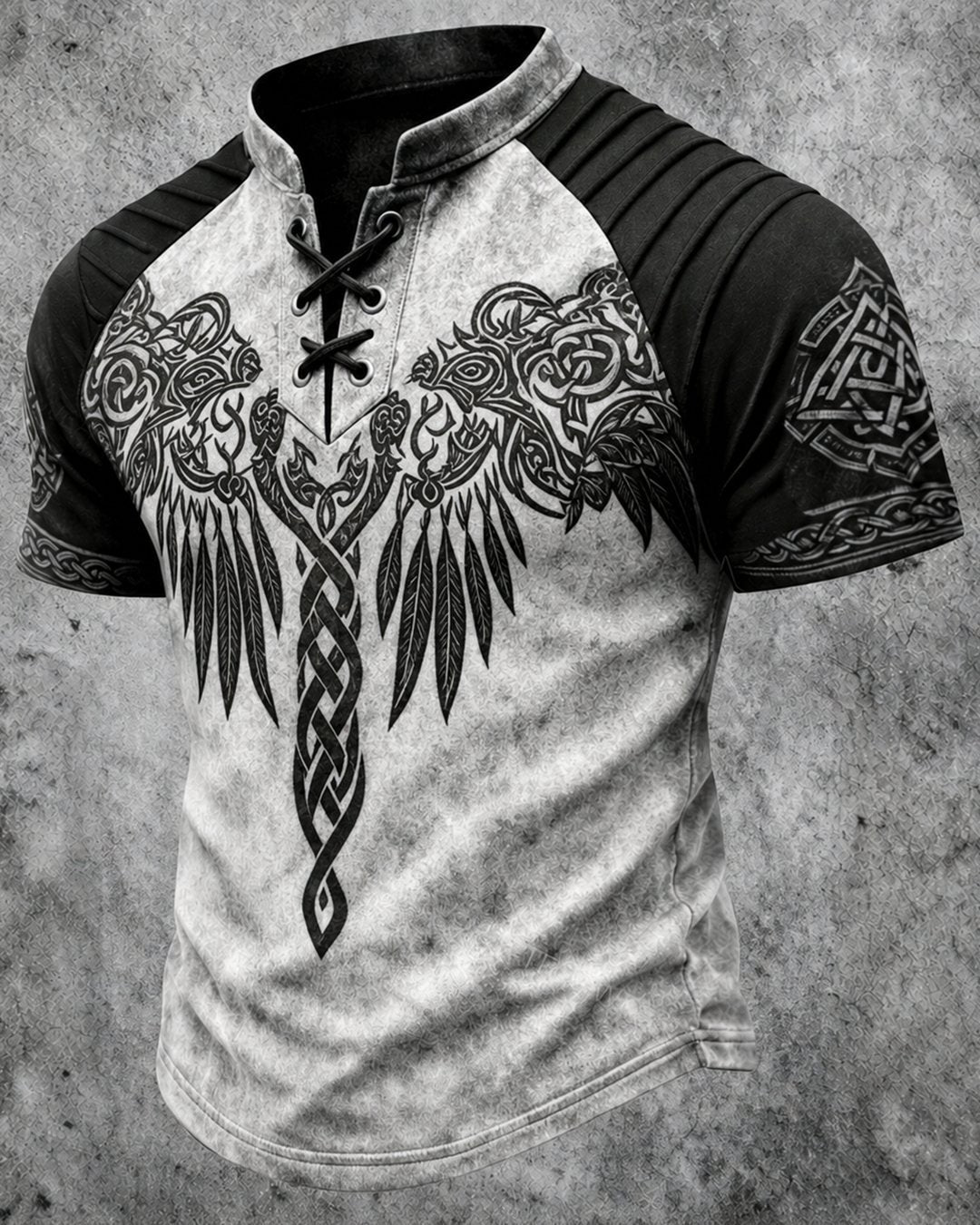 Men's Viking Knot Feather Print Short-Sleeve Henley T-Shirt 6937