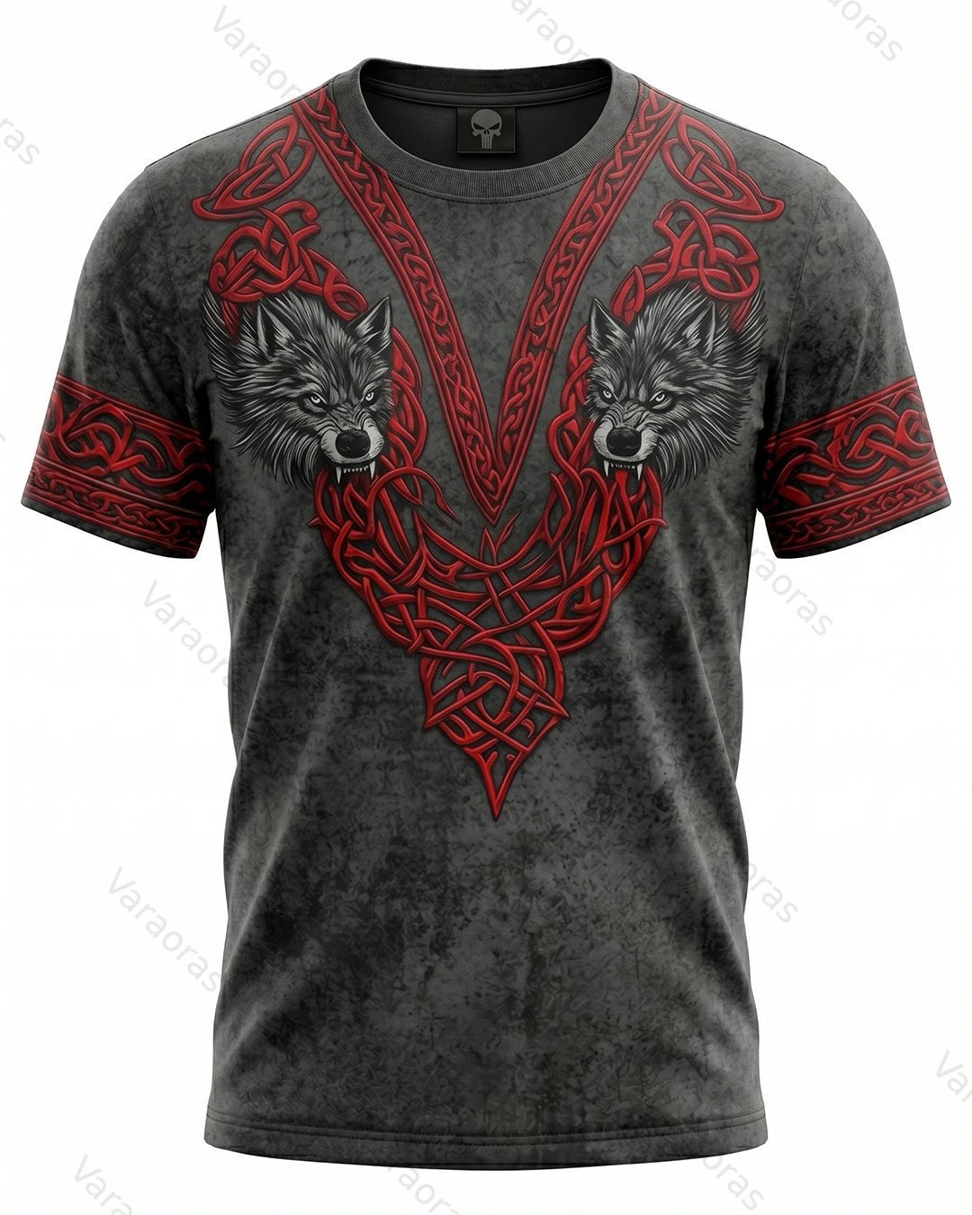 Men's Fashionable Viking Contrast Color Double Wolf Print T-shirt 5349