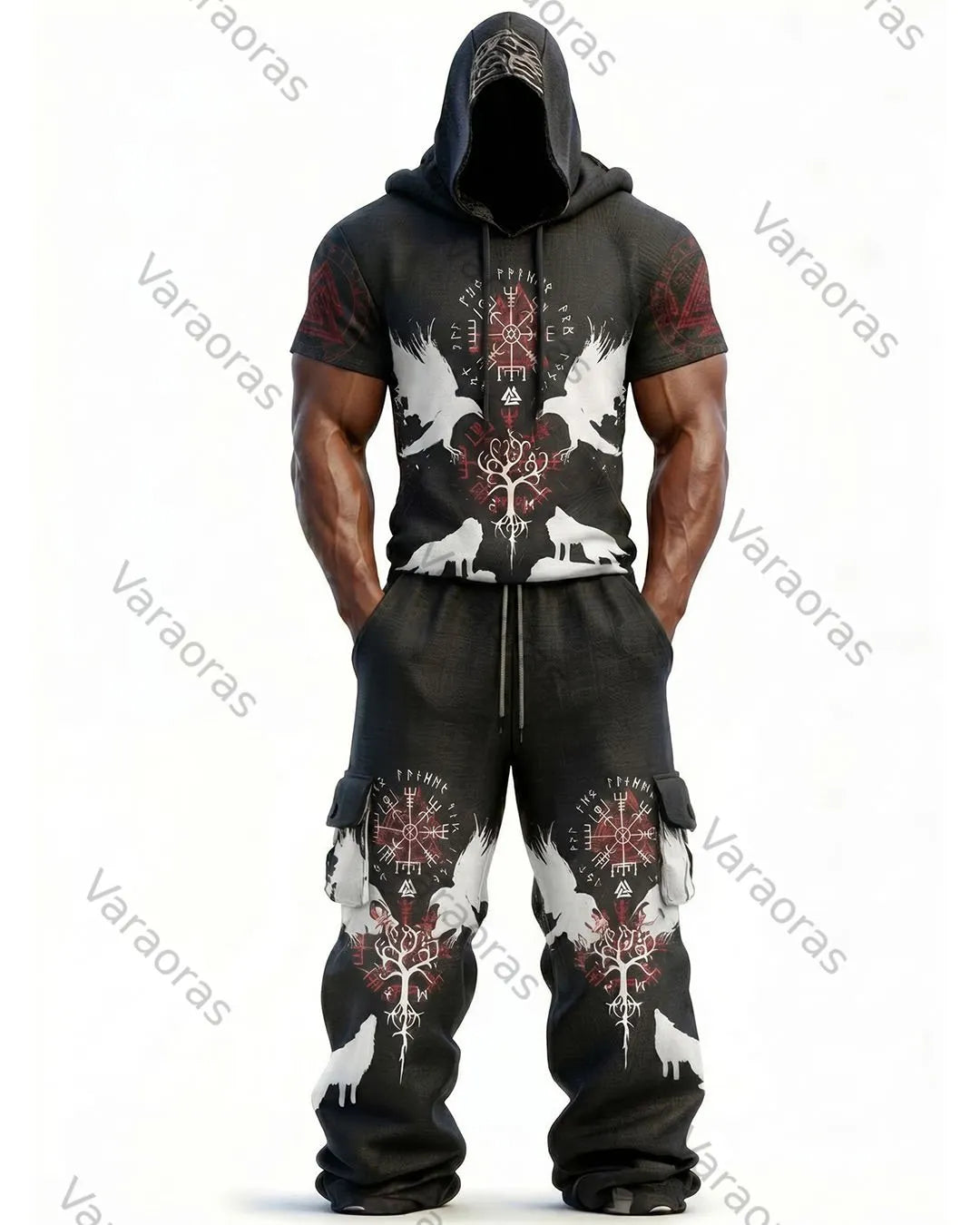 Men's Fashion Viking Contrast Color Embroidered Hoodie & Pants Two-Piece Set 1133