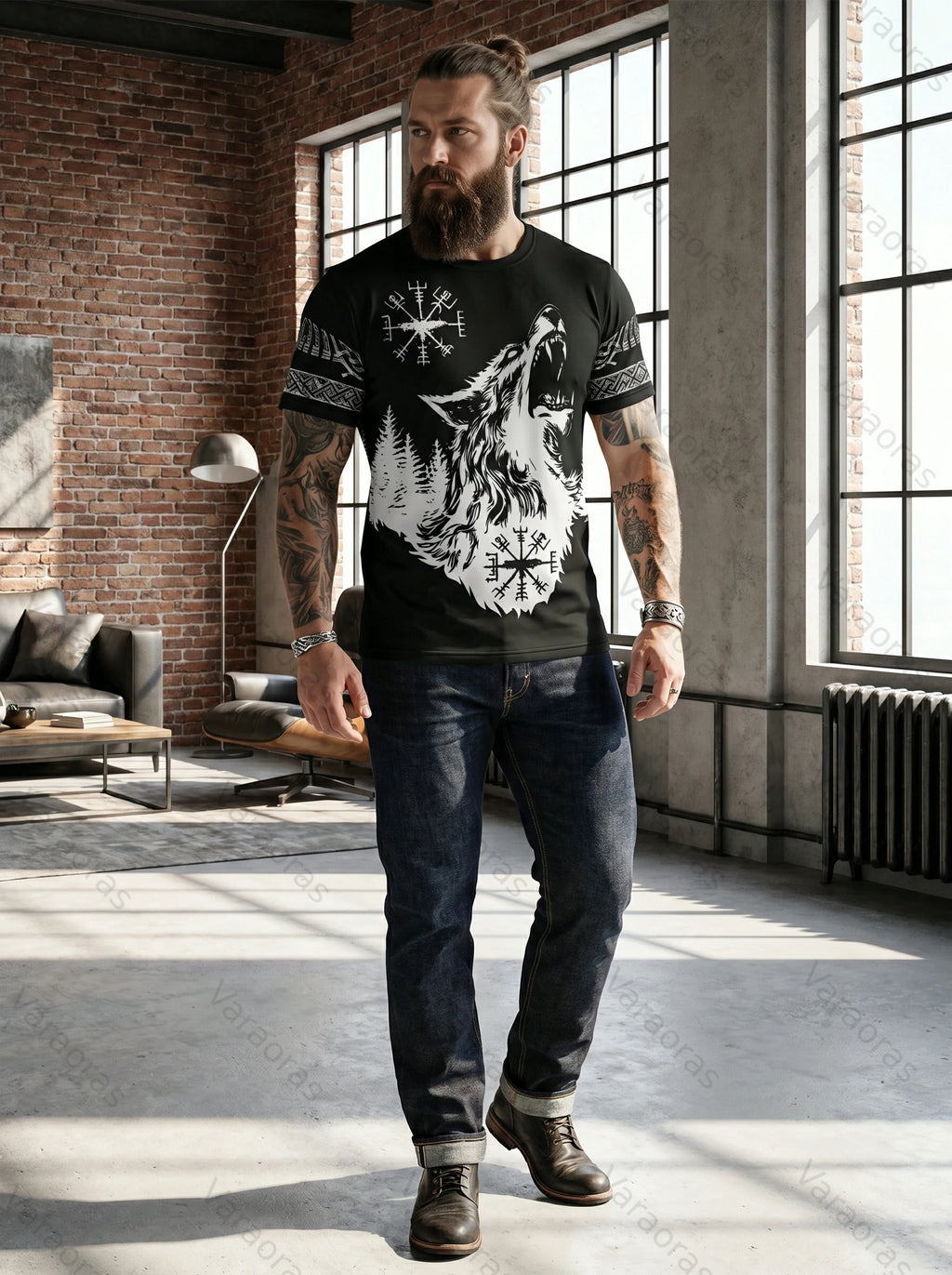 Men's Fashionable Viking Contrast Color Wolf Print T-shirt 8418