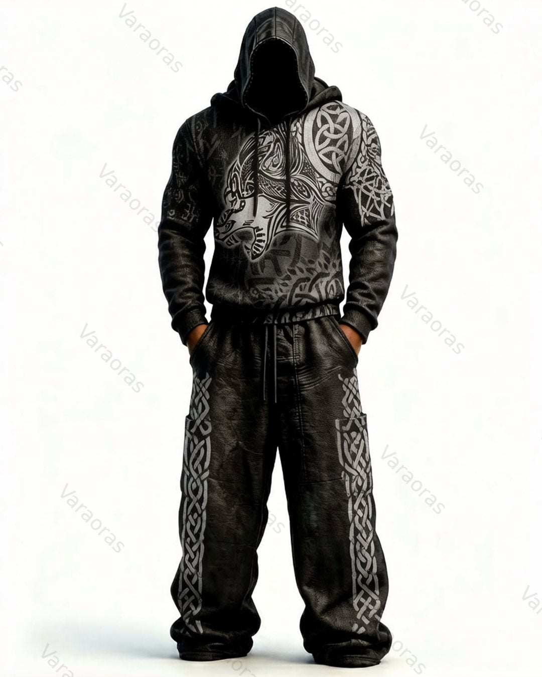 Men's Viking-Style Color-Blocked Knot Embroidered Hoodie and Pants Set 1618