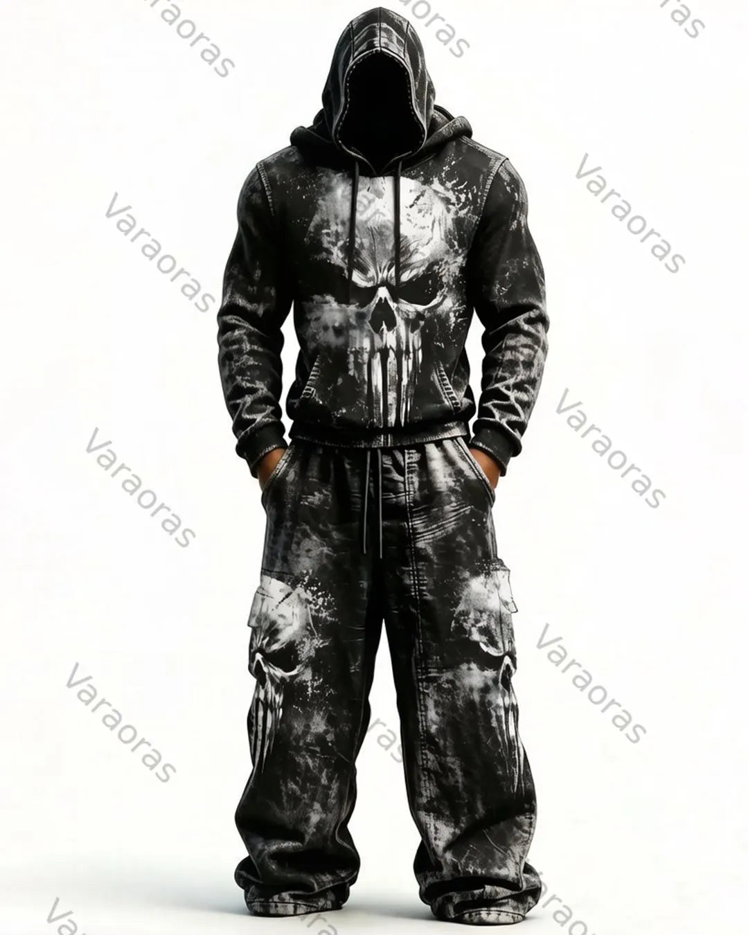 Men's Color-Block Skull-Embroidered Hoodie & Pants Two-Piece Set 6564