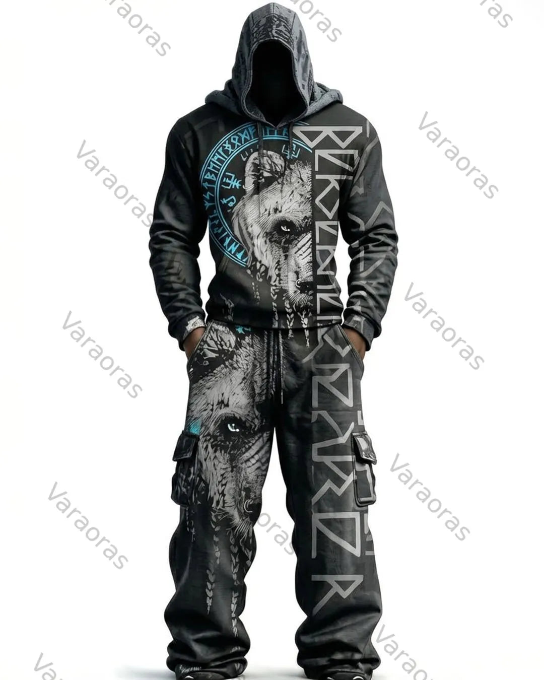 Men's Fashion Viking Contrast Color Embroidered Hoodie & Pants Two-Piece Set 8918