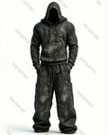 Men's Fashion Contrast Colo Wolf Embroidered Hoodie & Pants Two-Piece Set 9696