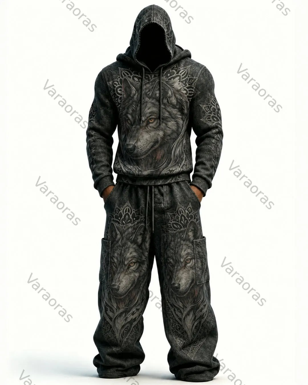 Men's Fashion Contrast Colo Wolf Embroidered Hoodie & Pants Two-Piece Set 9696