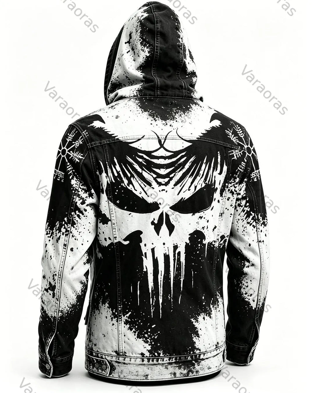Men's Retro Fashion Skull Print Tie-Dye Cotton Linen Hooded Zip-Up Jacket 5417
