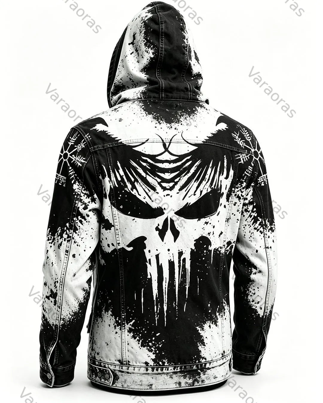Men's Retro Fashion Skull Print Tie-Dye Cotton Linen Hooded Zip-Up Jacket 5417