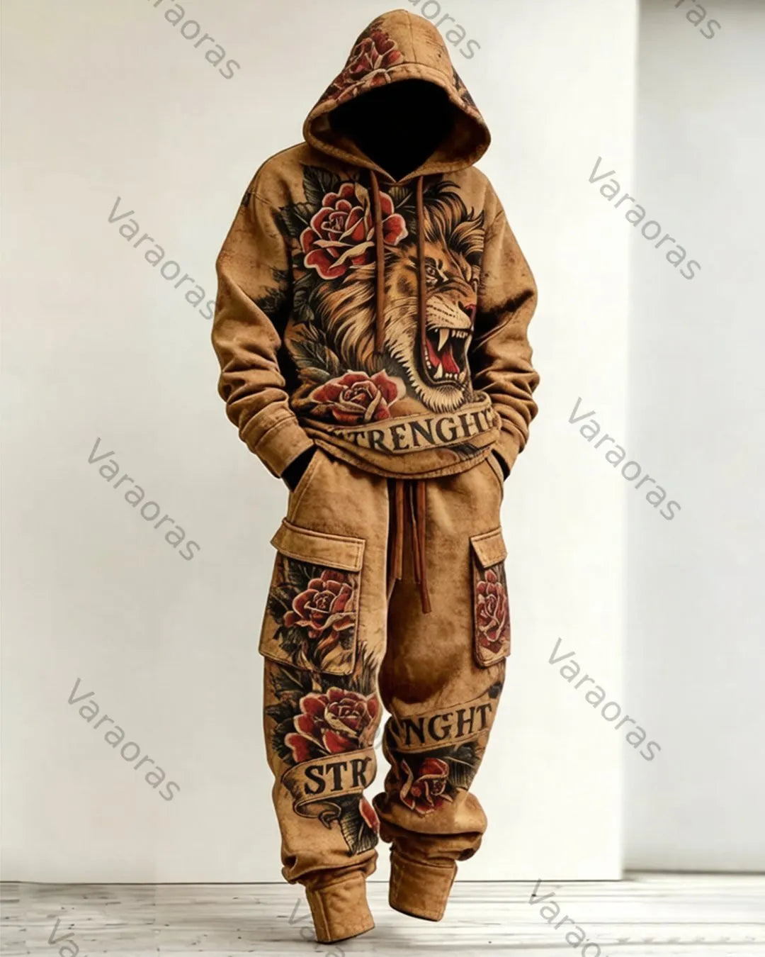 Men's Fashion Contrast Color Wolf
 Embroidered Hoodie & Pants Two-Piece Set 3482