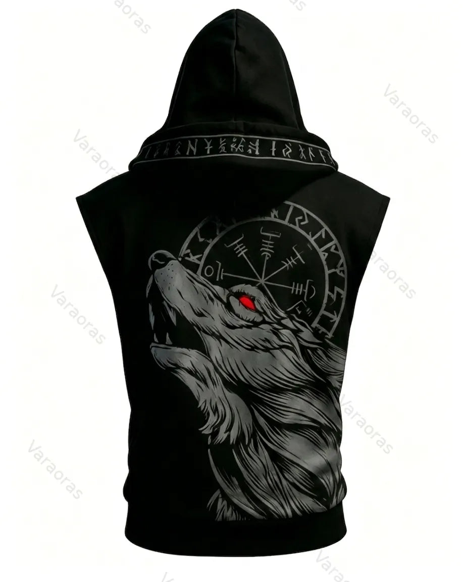 Men's Viking-Style Color-Block Embroidered Hooded Sleeveless Top and Pants Two-Piece Set 3338