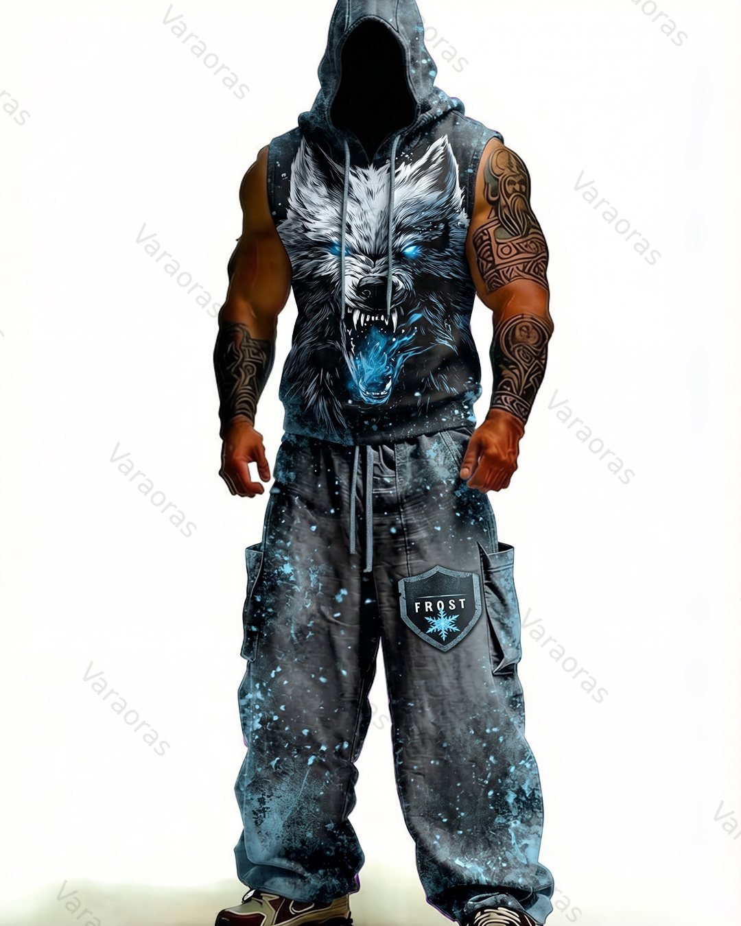 Men's Fashion Wolf Embroidery Hooded Sleeveless Top and Pants Two-Piece Set 8976