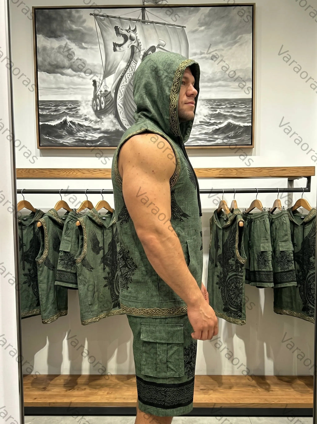 Men's Viking Color-Block Embroidered Linen Sleeveless Hooded Top and Pants Two-Piece Set 9385