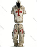 Men's Nordic Viking style cross-adorned short-sleeved shirt and trousers two-piece set 3229