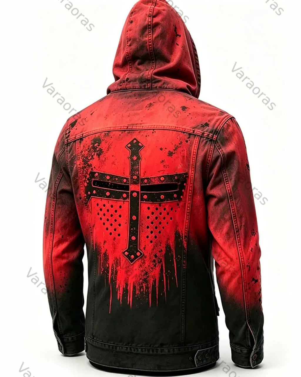 Men's Retro Fashion Red Cross Print Cotton Linen Hooded Zipper Jacket 5139