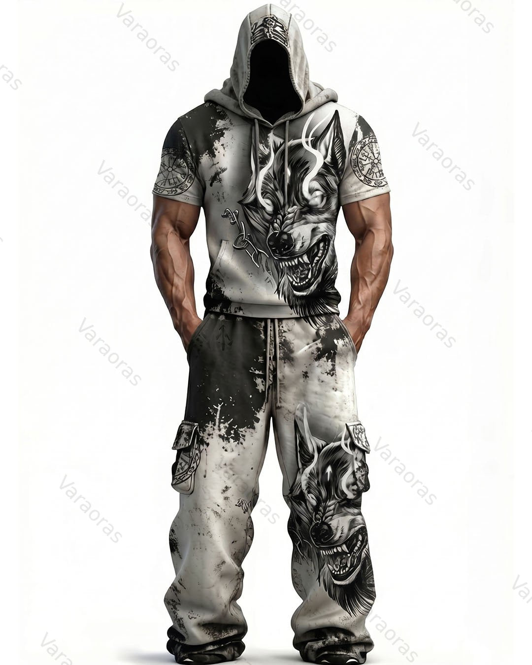 Men's Fashion Viking Contrast Color Embroidered Hoodie & Pants Two-Piece Set 6270