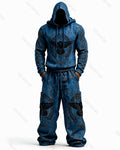 Men's Viking Color-Blocked Raven Embroidered Hoodie and Pants Two-Piece Set 7199