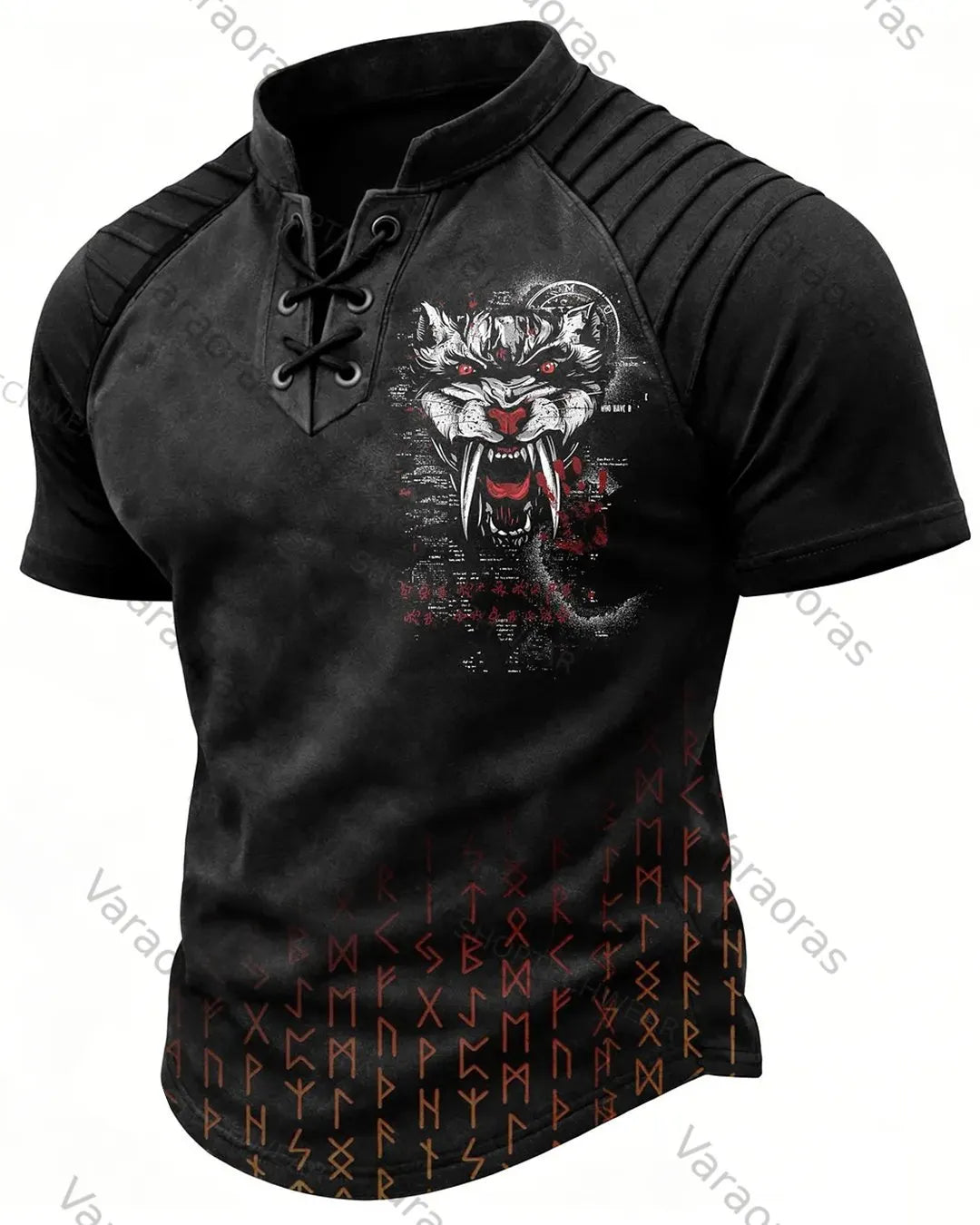 Men's Viking Gothic Short-Sleeve Henley T-Shirt with Wolf and Rune Print 4879
