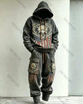 Men's Fashion Contrast Color Cross Embroidered Hoodie & Pants Two-Piece Set 7447