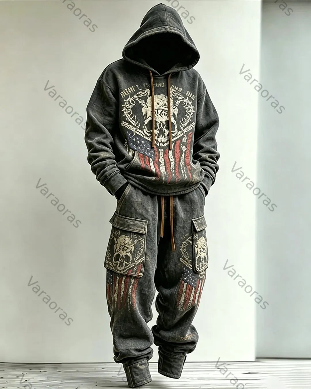 Men's Fashion Contrast Color Cross Embroidered Hoodie & Pants Two-Piece Set 7447