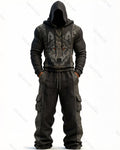 Men's Fashion Viking Contrast Color Embroidered Hoodie & Pants Two-Piece Set 4620