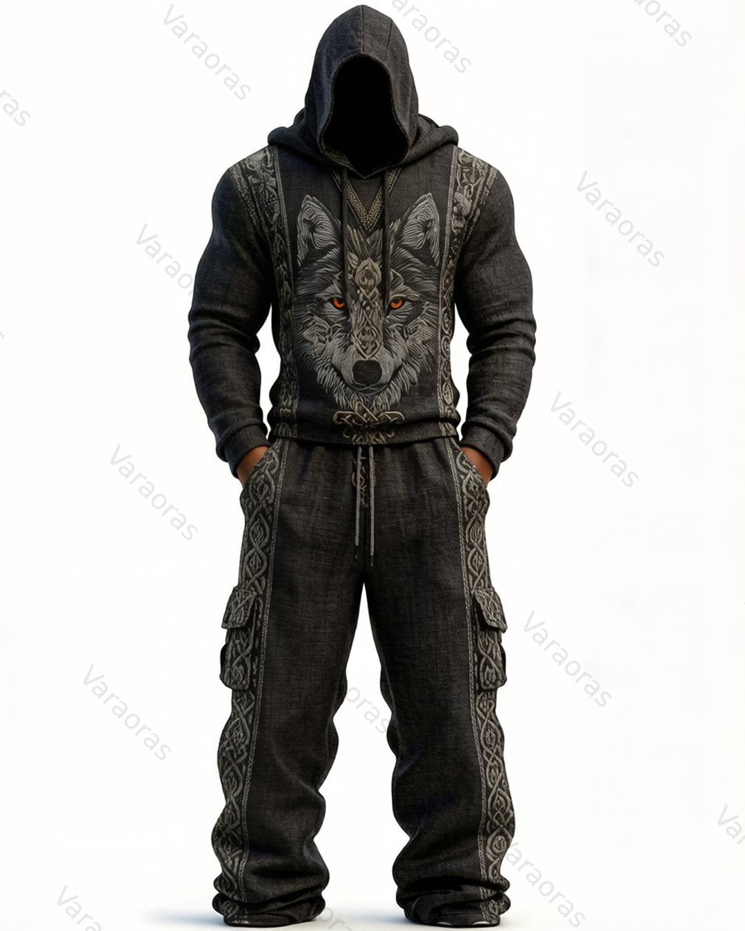 Men's Fashion Viking Contrast Color Embroidered Hoodie & Pants Two-Piece Set 4620